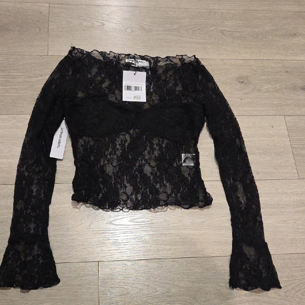 NWT Princess Polly Junah Sheer Lace Long Sleeve Top Black